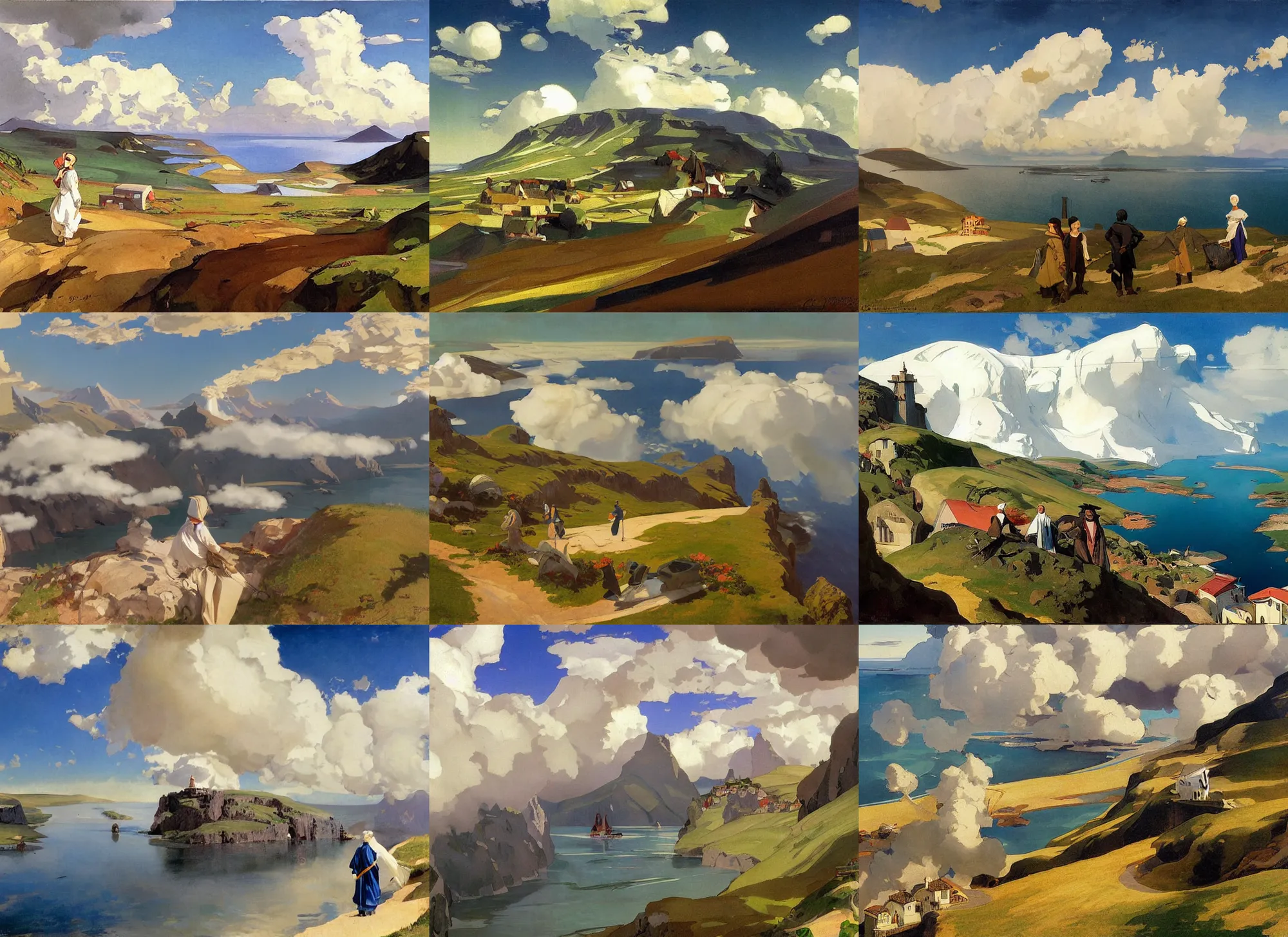 Prompt: painting by sargent and leyendecker and greg hildebrandt, james gurney, apollinaris vasnetsov, savrasov levitan polenov, studio ghibli style, giovanni paolo panini, middle ages, above the layered low clouds big lake wide river road to sea bay view faroe azores overcast