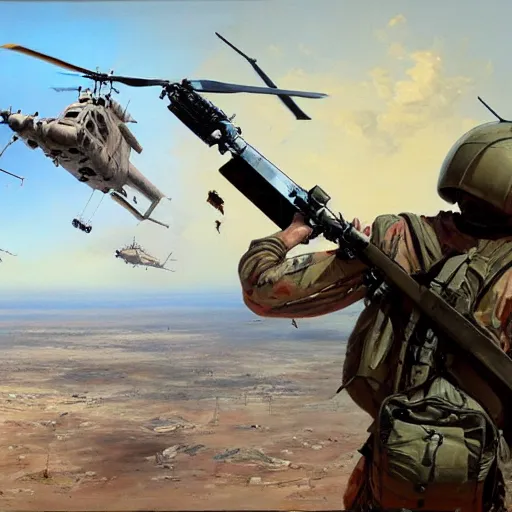 Image similar to a painting of soldiers falling out of a helicopter in the gulf war by Bernardo Bellotto, high detail, hyperrealistic, concept art, artstation, 8k