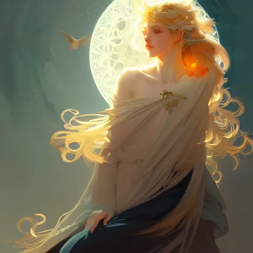 Prompt: An angelic girl with blonde hair, glowing halo, surrounded by crows, fantasy, intricate, elegant, highly detailed, digital painting, artstation, concept art, smooth, sharp focus, illustration, art by Krenz Cushart and Artem Demura and alphonse mucha