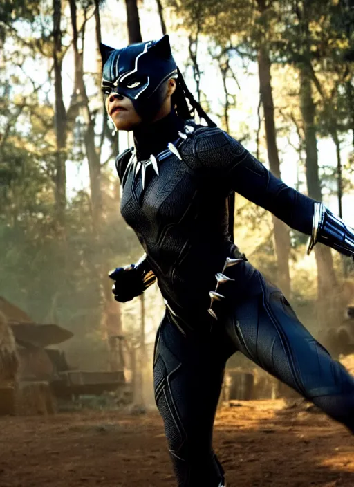 Image similar to film still of chloe grace moretz as black panther, 4 k