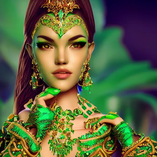 Prompt: photo of wonderful princess of emerald with fair skin, glowing, ornate and intricate green jewelry, jaw dropping beauty, eyepopping colors, dynamic lighting, intricate and detailed, 4 k octane render