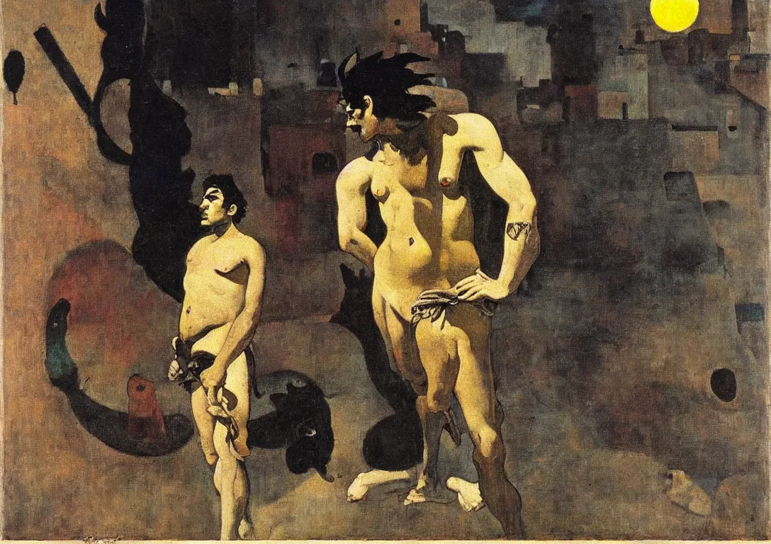 Image similar to a punk latino greek god following a watchful light through the streets of a city, muted color scheme, sparse detail, by george luks, joan miro and moebius