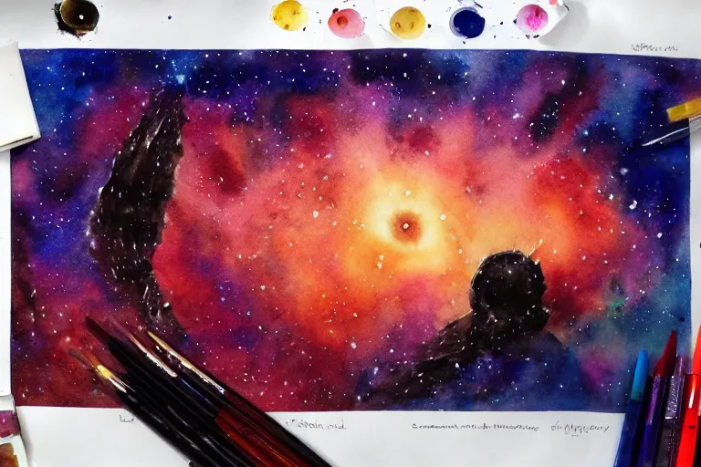 Prompt: Stars and galaxies, high quality watercolors, award winning, trending on ArtStation