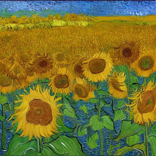 Image similar to field of sunflowers with one standing taller than the rest, in the style of van gogh