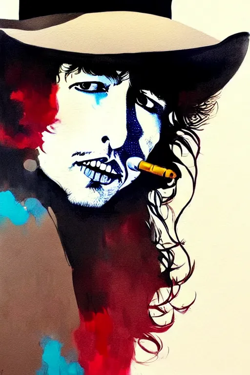 Image similar to a ultradetailed painting of bob dylan woman wearing a cowboy hat and smirking by conrad roset, greg rutkowski and makoto shinkai trending on artstation