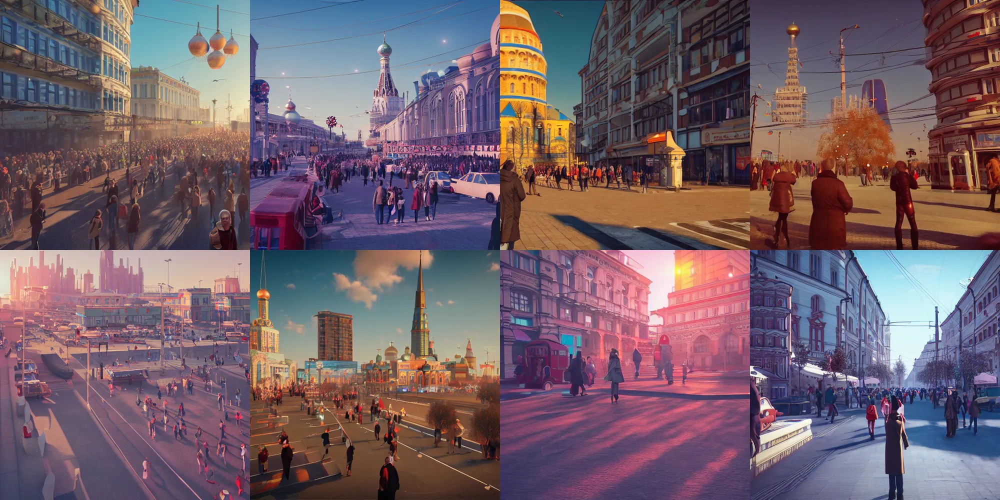 Prompt: russian city, retrofuturism, crowd of people, holiday, cinematic light, long shadows, reflections, unreal engine, photorealistic, octane render