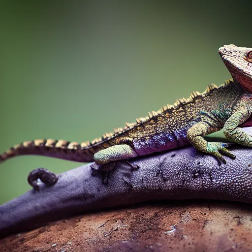 Prompt: An award winning photo of a single Tokay crocodile chameleon sitting on an elephant, environmental portrait, wildlife photography, National Geographic, 4k