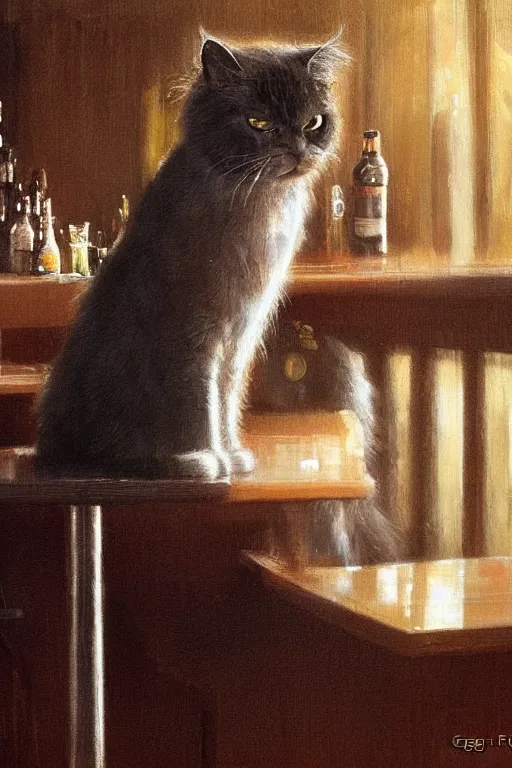 Image similar to of a british longhair cat sitting at the bar next to a beer, by greg rutkowski