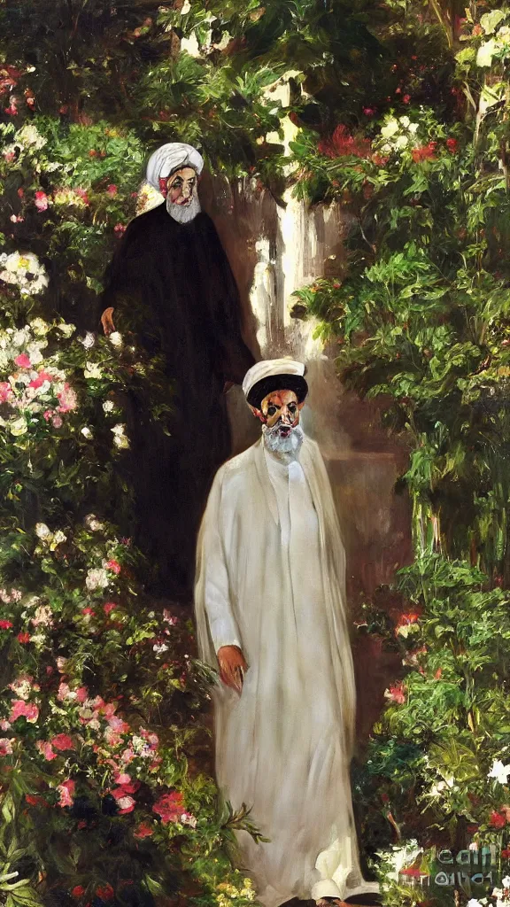 Image similar to an ali khamenei in botanical room by john singer sargent, cinematic, detailed