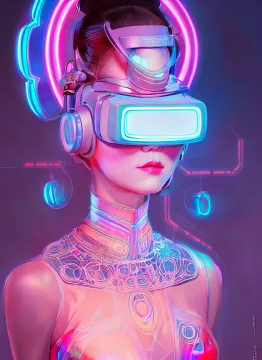 Prompt: wide angle portrait shot of female japanese android wearing a vr headgear and in an elaborate kimono dress, hologram hovering around her, intricate detail, cyber neon lighting, highly detailed, artstation, glamor pose, concept art, art by peter mohrbacher and artgerm and james jean, pinterest, artstation,
