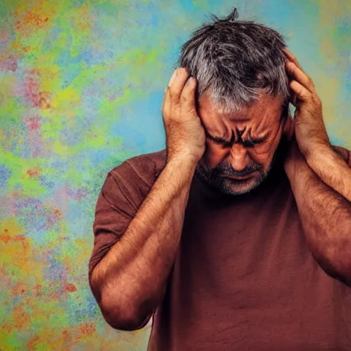 Image similar to a man having a headache, colorful