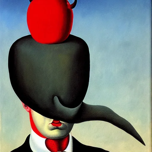 Image similar to devil boss in hell, oil painting by rene magritte