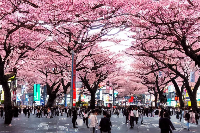 Image similar to beautiful Shibuya crosswalk by Vincent Di Fate, rule of thirds, highly detailed, sakura trees, beautiful, sharp focus
