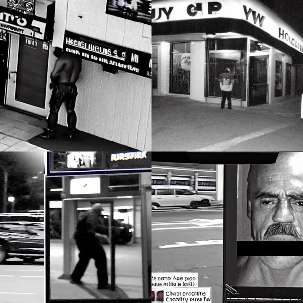 Prompt: security camera footage of hulk hogan spotted on CCTV outside of corner store, high exposure, dark, monochrome, camera, grainy, DSLR, security camera footage