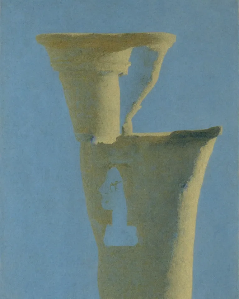 Image similar to achingly beautiful print of solitary painted ancient greek vase on baby blue background by rene magritte, monet, and turner. symmetrical.