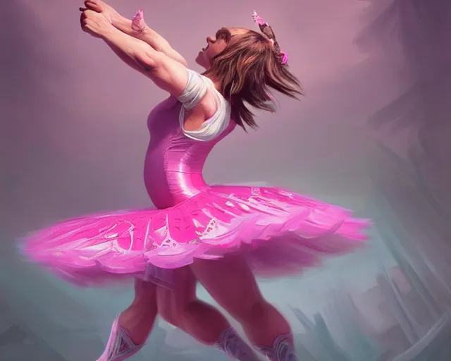 Image similar to photography of jack black dancing in a pink ballerina outfit, full body shot, deep focus, d & d and mtg, fantasy, intricate, elegant, highly detailed, digital painting, artstation, concept art, matte, sharp focus, illustration, hearthstone, art by ross tran