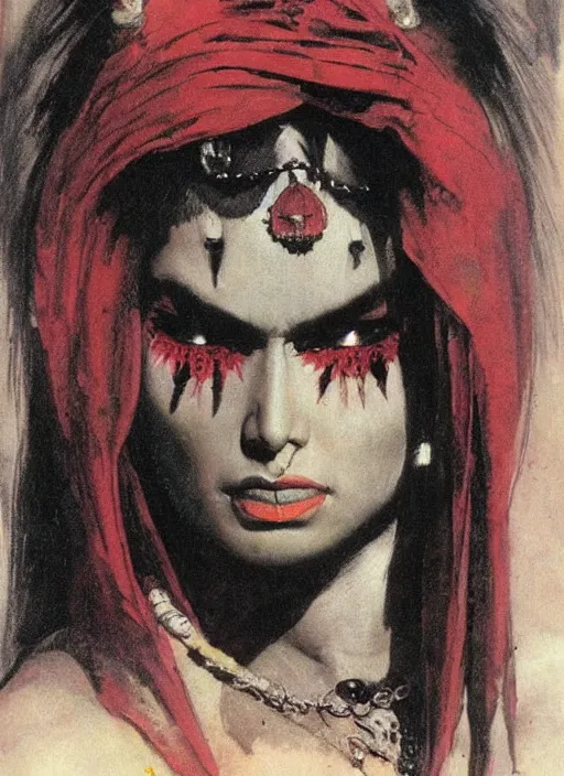 Image similar to portrait of muscular indian vampiress, jeweled veil, strong line, saturated color, beautiful! coherent! by frank frazetta, high contrast, minimalism