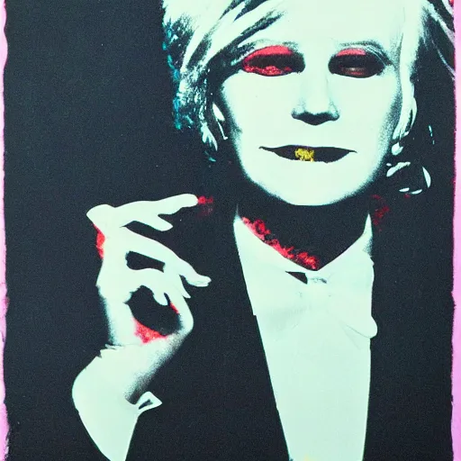 Image similar to a woman in a suit and tie with a creepy face, a screenprint by warhol, reddit contest winner, antipodeans, hellish, anaglyph filter, hellish background