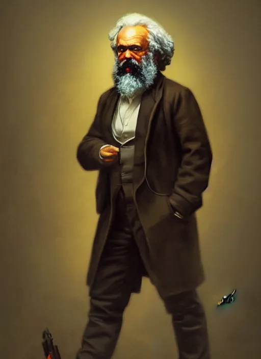 Prompt: a detailed full body painted portrait of karl marx by artist hadi karimi, wlop, artgerm, greg rutkowski, smirk expression, dramatic lowkey studio lighting, accurate skin textures, hyperrealism, aesthetically pleasing and harmonious vintage colors