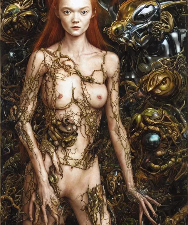 Prompt: a portrait photograph of a fierce mutated transforming hybrid super villian with slimy skin. she looks like sadie sink and is trying on a infected bulbous shiny organic catsuit. by donato giancola, hans holbein, walton ford, gaston bussiere, peter mohrbacher and brian froud. 8 k, cgsociety, fashion editorial