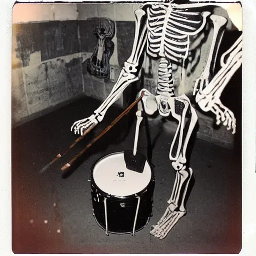 Image similar to skeleton drummer, wild, flash polaroid photo, underground party,