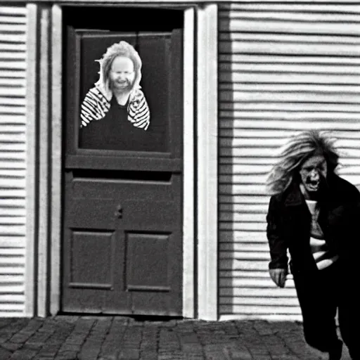 Image similar to Aphex Twin chasing an old lady down the street, sunny day,