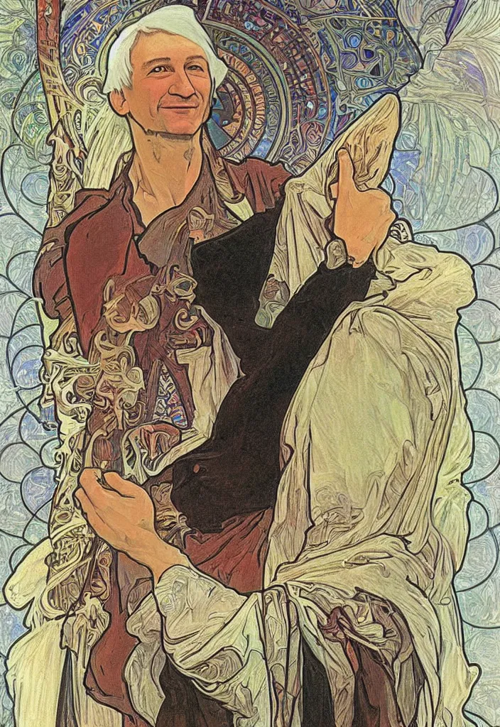 Image similar to realistic white - haired geoffrey hinton on a tarot card, tarot in art style by alphonse mucha