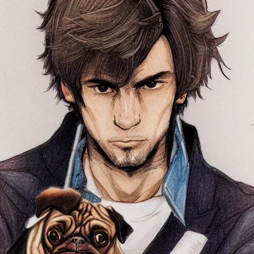 Image similar to self portrait, young white hispanic handsome man with short light brown hair and light skin and a 5 o clock shadow and holding a pug while fighting against 2 swordsmen pencil art, added detail, high definiton, colored, backfacing, illustrated by yoji shinkawa