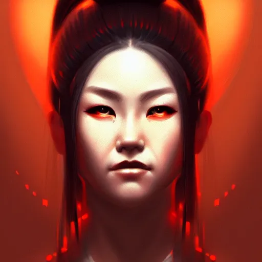 Prompt: portrait of beatiful female samurai in orange light in the style of Raymond Swanland, cinematic, artstation