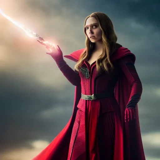 Image similar to A portrait of elizabeth olsen as scarlet witch from the movie doctor strange 2, cinematic, 8k