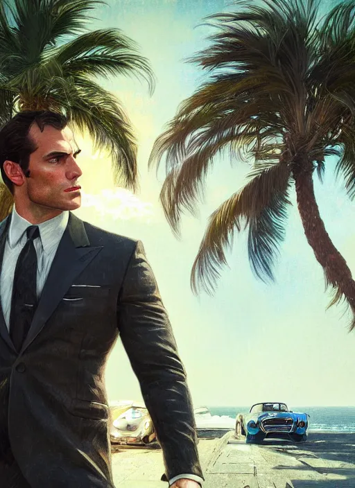 Image similar to portrait of henry cavill as james bond, key art, palm trees, vintage aston martin, highly detailed, digital painting, artstation, concept art, cinematic lighting, sharp focus, illustration, by gaston bussiere alphonse mucha