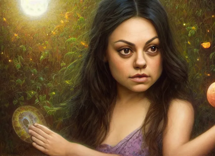 Image similar to Mila Kunis staring into the camera singing a lullaby, fireflies, full moon, Lilia Alvarado, Sophie Anderson, Mark Arian, Bob Byerley, Charlie Bowater, Mark Brooks, Steve Henderson, Justin Gerard, Arthur Hughes, Edward Robert Hughes, Mark Keathley, Victor Nizovtsev, Carlos Shwabe, Ross Tran, WLOP