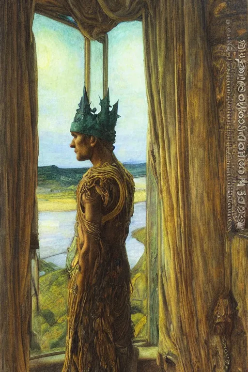 Image similar to the prince in his bone crown and regalia stands by the window at dusk,by Annie Swynnerton and Diego Rivera and Elihu Vedder, symbolist, dramatic lighting, elaborate geometric ornament, Art Brut, soft blues and greens,smooth, sharp focus, extremely detailed, Adolf Wölfli