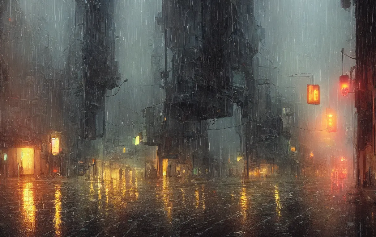 Image similar to A digital painting of a close-up view of a raining cyberpunk street, some street lights and padestrians, by Ismail Inceoglu and Caspar David Friedrich, stunning, photorealistic, highly-detailed, 4k, ue5, light effect, rtx on, realistic, cinematic, IMAX quality, trending on artstation