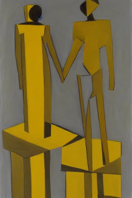 Prompt: neo cubistic painting of two tall figures, sandy yellow colors, in the style of Jessalyn Brooks