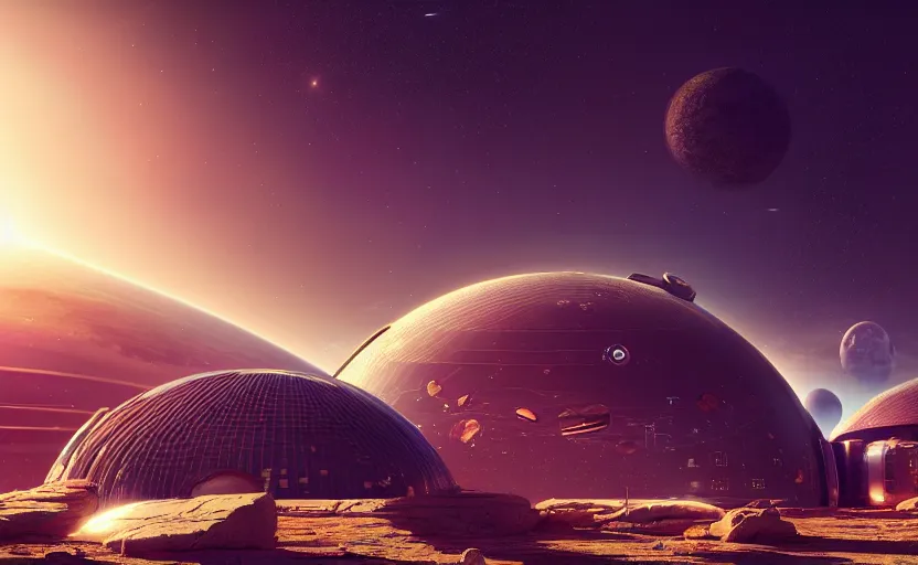 Prompt: a futuristic solarpunk space habitat with earth in the background, highly detailed, 8 k, hdr, award - winning, octane render, artstation