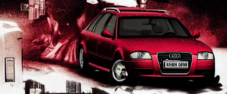 Image similar to Audi A4 B6 Avant (2002), a gritty neo-noir, dramatic lighting, cinematic, eerie person, death, homicide, homicide in the snow, viscera splattered all over the car, gunshots, establishing shot, extremely high detail, photorealistic, red mist, arson, burning city, cinematic lighting, artstation, by simon stalenhag, Max Payne (PC) (2001) winter New York at night, In the style of Max Payne 1 graphic novel, flashing lights, Poets of the Fall - Late Goodbye