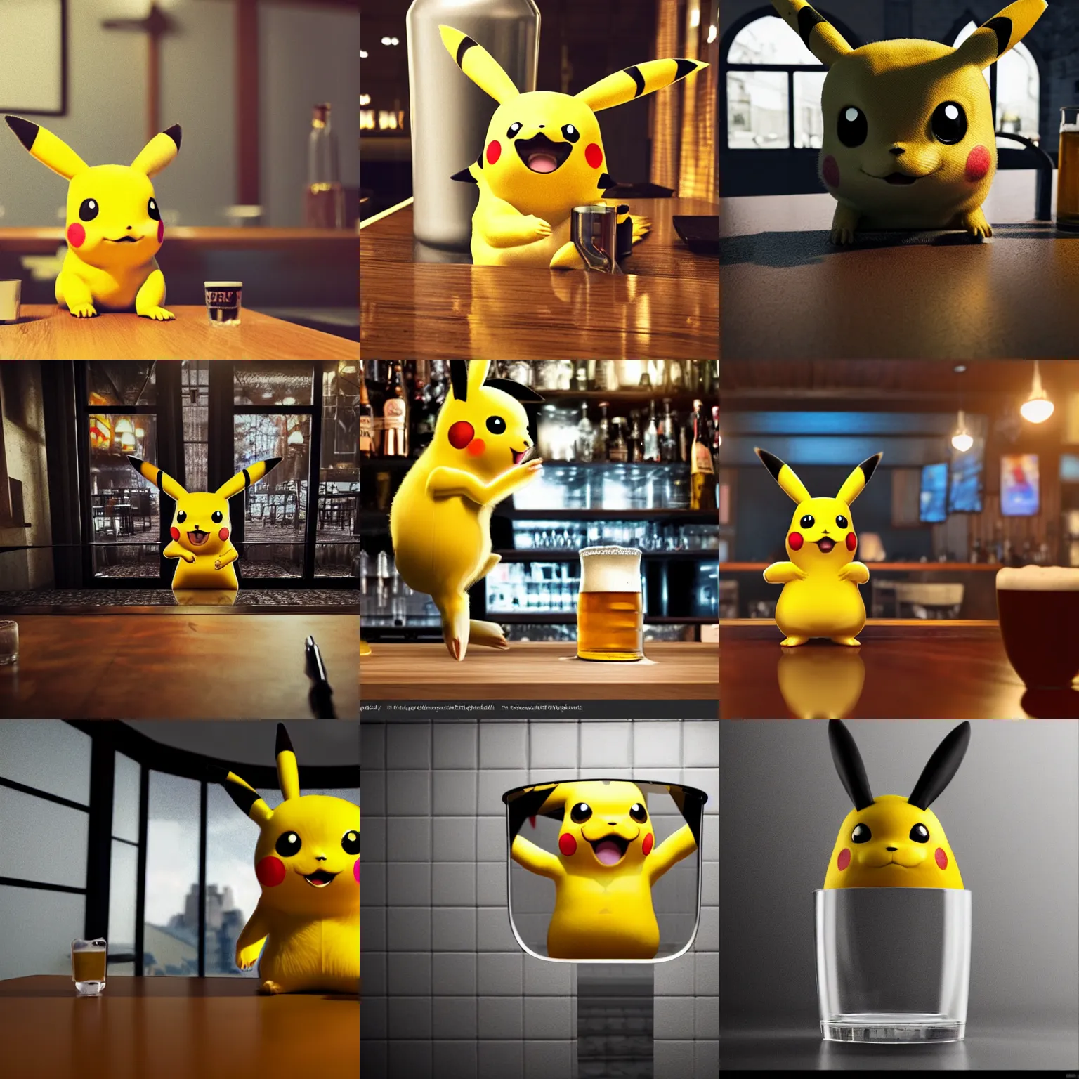 Prompt: a realistic Pikachu looking through a empty beer jug while sitting in a bar, digital art, wide shot, highly detailed, hyperrealistic, photorealistic, unreal engine 5, very detailed, made by a professional 3d artist, dynamic lighting, trending on artstation, 4k uhd, epic composition, masterpiece