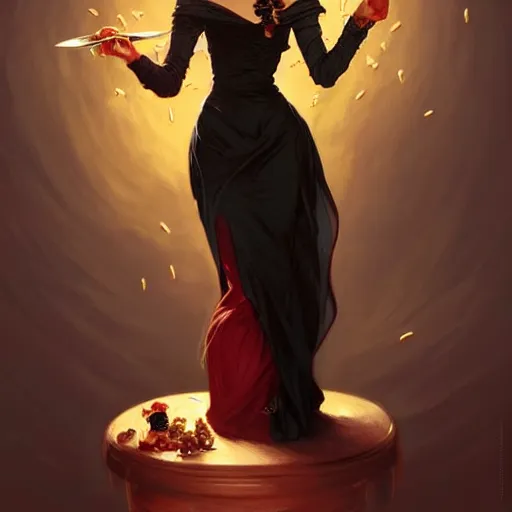 Image similar to very cute Miranda Kirr eating fork covered in honey wearing black-crimson silk dress, D&D, fantasy, intricate, elegant, highly detailed, digital painting, artstation, concept art, matte, sharp focus, illustration, hearthstone, art by Artgerm and Greg Rutkowski and Alphonse Mucha