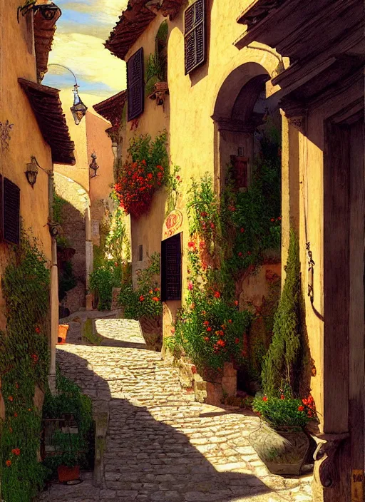 Image similar to lourmarin village in provence pattern texture, elegant, peaceful, hyper realistic, extremely detailed, dnd art, fantasy art, intricate fantasy painting, dramatic lighting, vivid colors, deviant art, artstation, by edgar maxence and caravaggio and michael whelan and delacroix.