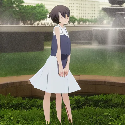 Prompt: a full body portrait of a young woman wearing a white apron standing in front of a fountain in a park, makoto shinkai, james gilleard, very detailed, matte, gaussian blur, tone mapped William-Adolphe, photo taken with Sony a7R