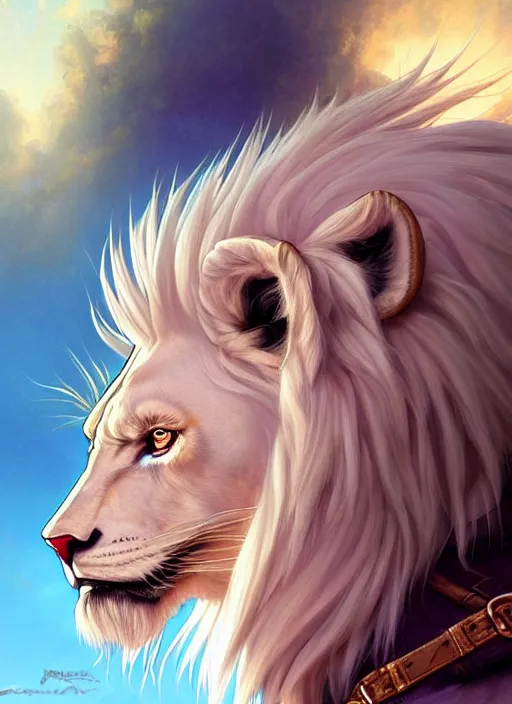 Image similar to aesthetic portrait commission of a of a male fully furry muscular anthro albino lion wearing a summer outfit and leather harness with a tail and a beautiful attractive hyperdetailed face at golden hour, fully clothed . Character design by charlie bowater, ross tran, artgerm, and makoto shinkai, detailed, inked, western comic book art, 2021 award winning film poster painting