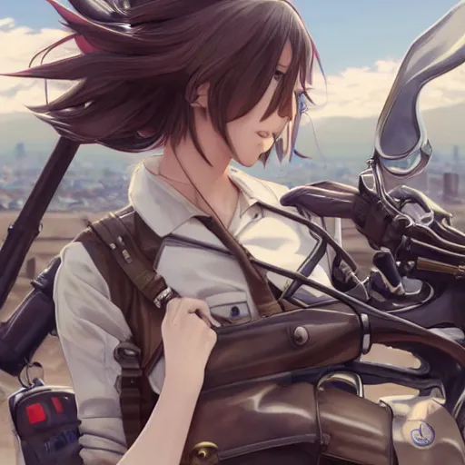 Prompt: anime style, panoramic view, a girl riding a motorbike, vintage, soldier clothing, battlefield in background, hair down, symmetrical facial features, realistic hands, from arknights, hyper realistic, 4 k, extreme detail, trending artstation, safebooru, realistic lighting, by alphonse mucha, greg rutkowski, sharp focus