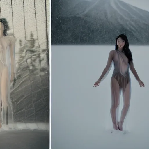 Image similar to coherent symmetrical face, a instax photo of fuji mountain, a tall japanese girl in a transparent sheer fabric dress against the background of fuji mountain, severe snow, full body shot, perfect symmetrical body, coherent symmetrical eyes, by peter kemp, by monia merlo, hyperrealistic, hyperdetailed, octane render, 8 k