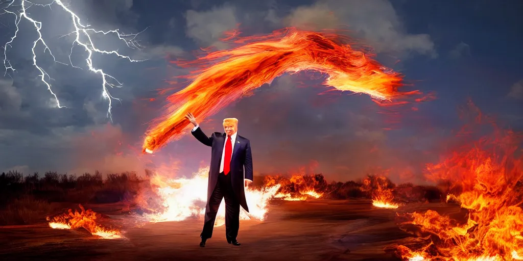 Prompt: donald trump shooting fire from his hands, colorful hd picure, lightning in the background