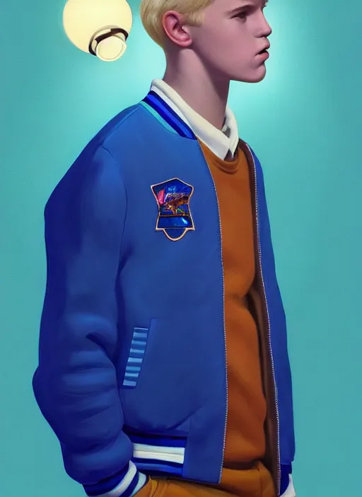 Prompt: portrait of a high school senior boy named moose mason, blonde short hair, jock, beefy, square jaw, square facial structure, 1 9 5 0 s, blue varsity jacket, intricate, elegant, glowing lights, highly detailed, digital painting, artstation, concept art, smooth, sharp focus, illustration, art by wlop, mars ravelo and greg rutkowski