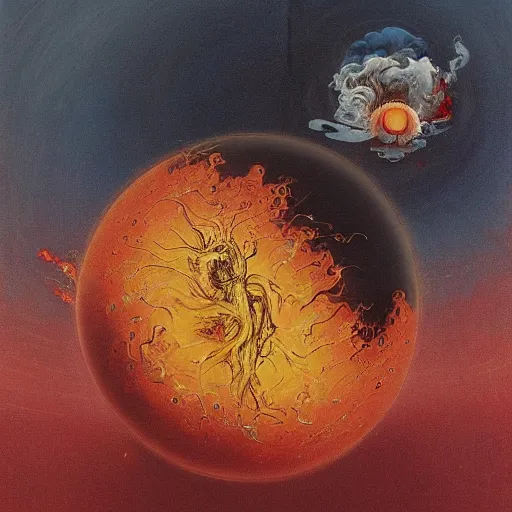 Image similar to a sphere being devoured by abstract splatters of paint in the style of francis bacon, venus being engulfed in flames in the style of james jean, surreal, beksinski, high detailed