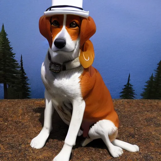 Image similar to a foxhound dog that is realistic wearing different hats and posing in front of a scenic background