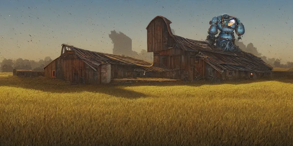 Image similar to a single colossal rusty old robot sad and alone in an empty field in the countryside with a barn on a bright sunny day by mike allred and moebius and karol bak sharp digital painting. dreaming latent space. matte painting, concept art. artstation. digital render. realistic, 8 k