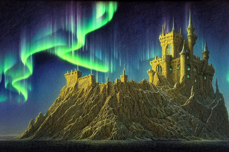 Image similar to highly detailed photoreal eldritch biomechanical castle on a cliff, aurora borealis, psychedelic by alan lee, john howe. ted naismith